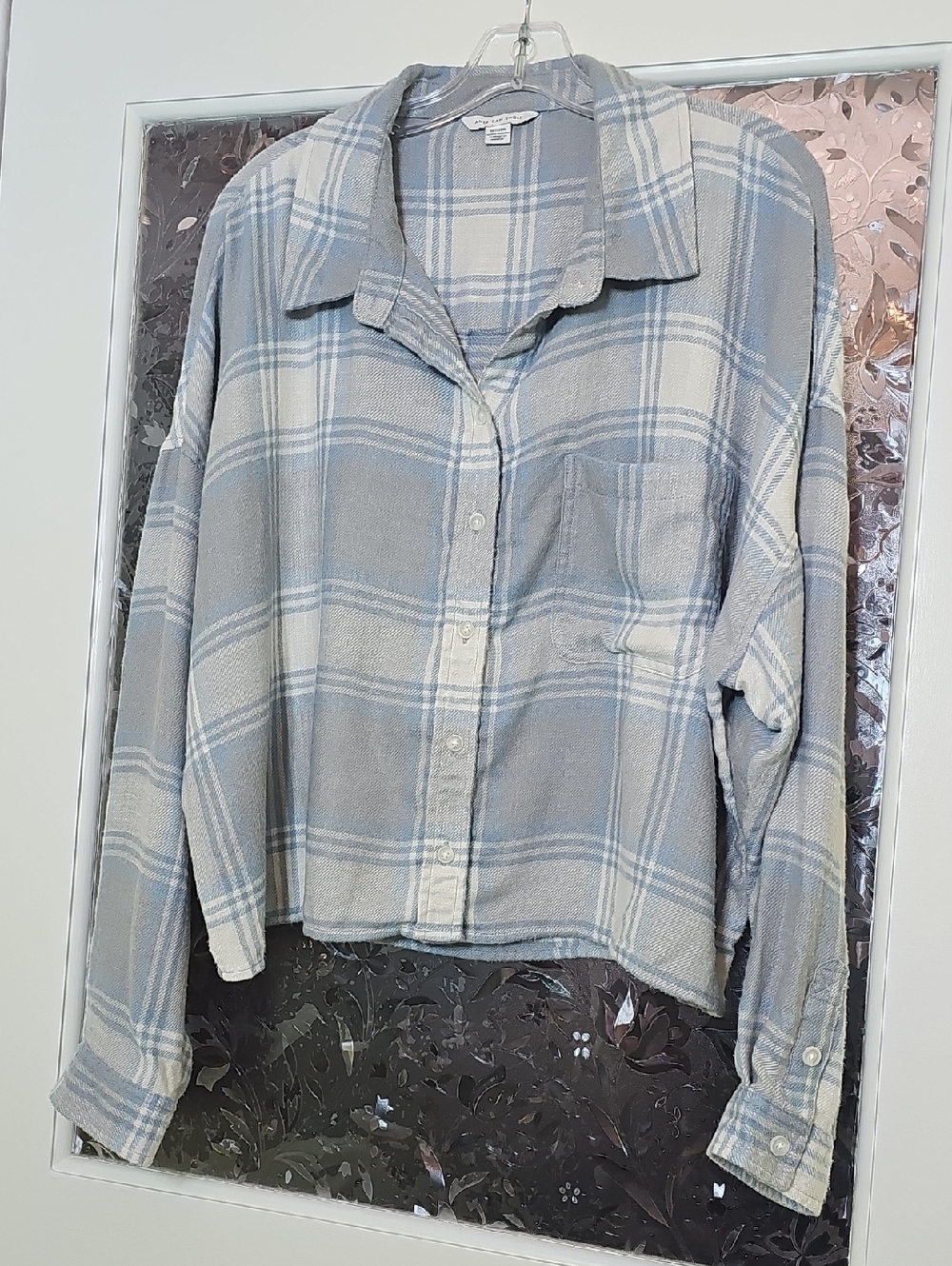 Light Blue and Cream Plaid Button-Up Shirt